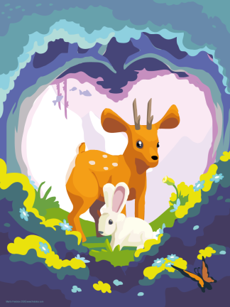 A deer stands in the centre of the poster together with a rabbit. The trees around them form a heart.