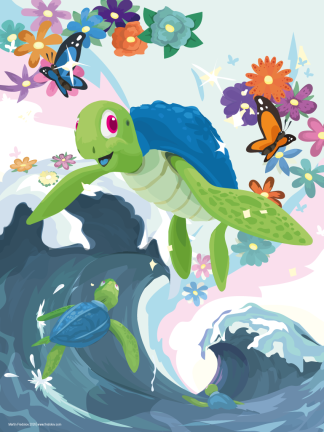 A turtle blossoming like a flower, floating above the waves