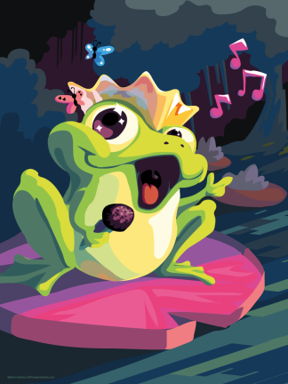A frog singing karaoke in the forest at night