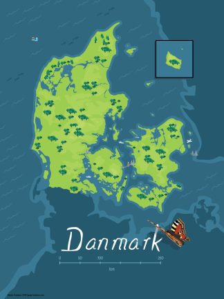 Decorated map of Denmark with a butterfly, forests and the big bridges