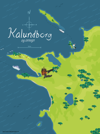 Decorated map of Kalundborg Municipality with ferries, forest and the five-towered church